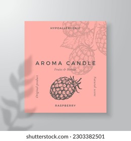 Aroma candle vector label template. Raspberry berry scent from local purveyors advert design. Ink style sketch background layout decor. Natural smell product package text space