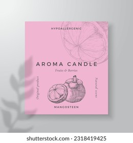 Aroma candle vector label template. Mangosteen scent from local purveyors advert design Ink style sketch background layout decor Natural smell product package text space