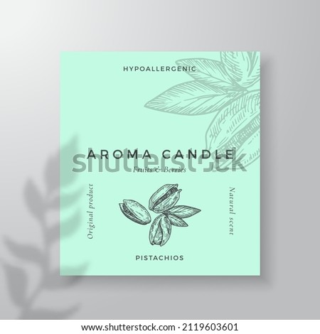 Aroma candle vector label template. Pistachio nuts scent from local purveyors advert design. Ink style sketch background layout decor. Natural smell product package text space Stock photo © 