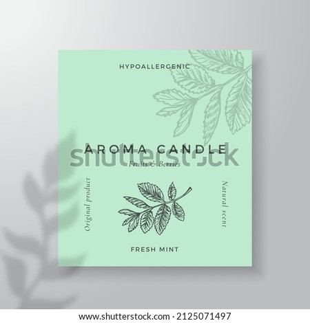 Aroma candle vector label template. Mint leaves scent from local purveyors advert design. Ink style sketch background layout decor. Natural smell product package text space Stock photo © 
