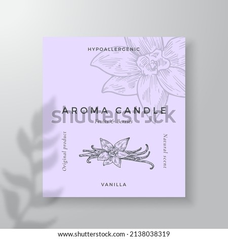 Aroma candle vector label template. Vanilla spice scent from local purveyors advert design. Ink style sketch flower background layout decor. Natural smell product package text space Stock photo © 