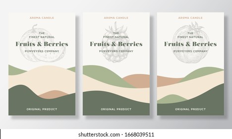 Aroma candle vector labels template set. Fruits and berries scent from local purveyors advert design. Sketch background layout with abstract waves decor. Natural smell product package text space.