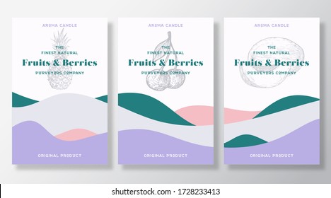 Aroma candle vector labels template set. Fruits and berries scent from local purveyors advert design. Sketch background layouts with abstract waves decor. Natural smell product package text space.