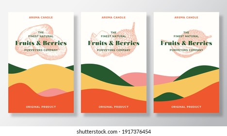 Aroma Candle Vector Labels Template Set. Exotic Fruits Scent Local Purveyors Advert Design. Sketch Background Layouts Collection with Abstract Waves Decor. Natural Smell Product Package Text Space.