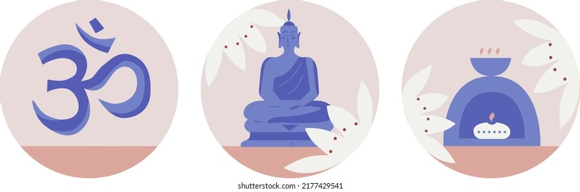 Aroma Candles, Buddha, Om On The Background Of A Lotus. Yoga Icons. Relaxing Environment. Cartoon Flat Style. Concept Of Meditation. Healthy Lifestyle. Instagram Highlights Covers. Boho Style.