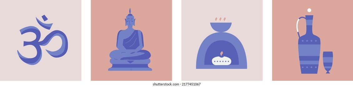 Aroma Candles, Buddha, Om On The Background Of A Lotus. Yoga Icons. Relaxing Environment. Cartoon Flat Style. Concept Of Meditation. Healthy Lifestyle. Instagram Highlights Covers. Boho Style.