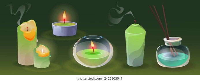 Aroma candles burning and extinguished with smoke and scent diffuser with sticks. Cartoon vector illustration set of green candlelight for aromatherapy in glass jar and container with fragrance.