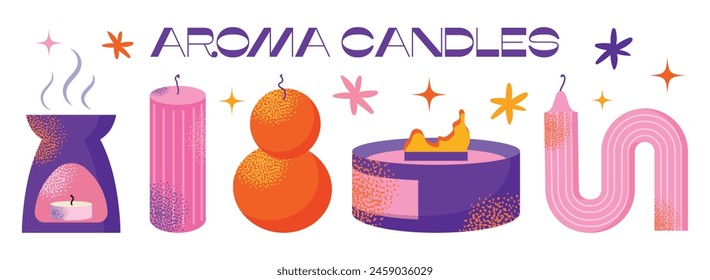 Aroma candles. Cartoon scented wax light, candle with wax and fragrance, spa therapy decoration different shapes. Vector illustration isolated on background