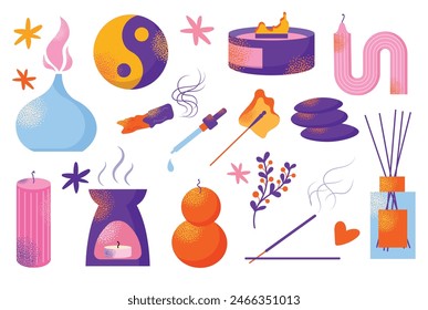 Velas de aroma. Luz de cera perfumada de dibujos animados, botellas con aceites de aroma natural, hierbas, difusor y fragancia, decoración de terapia de spa diferentes Formas. Ilustración vectorial aislada en el fondo