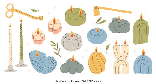 Aroma candles. Cartoon scented wax light, candle with wax and fragrance, spa therapy decoration different shapes. Vector isolated set of candle from wax, light aromatic and scented illustration