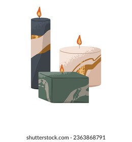 Aroma candles with different shapes. Aromatic interior decoration, stylish decor, modern aesthetic design objects for home. Organic handmade wax. Flat isolated vector illustration on white background
