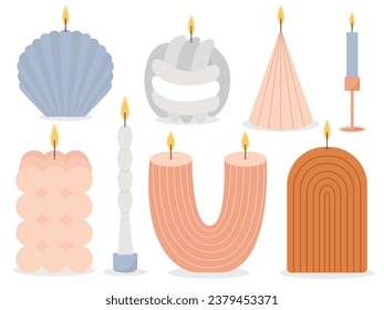 Aroma candelas de estilo plano conjunto de vectores. Diferentes formas de moda velas y conjuntos de velas