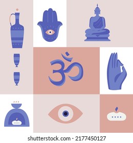 Aroma Candles, Hamsa Hand, Buddha, Om On The Background Of A Lotus. Yoga Icons. Relaxing Environment. Cartoon Flat Style. Concept Of Meditation. Healthy Lifestyle. Instagram Highlights Covers.