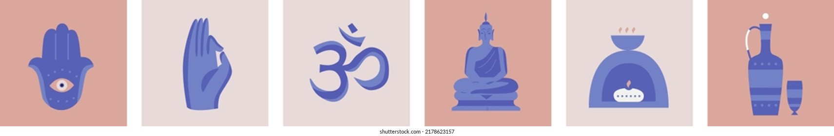 Aroma Candles, Hamsa Hand, Buddha, Om On The Background Of A Lotus. Yoga Icons. Relaxing Environment. Cartoon Flat Style. Concept Of Meditation. Healthy Lifestyle. Instagram Highlights Covers.