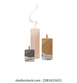 Aroma candles for interior decoration. Aromatic wax with flame, fire. Candlelight in homey decor. Organic handmade design elements with round shape for home. Flat isolated vector illustration on white