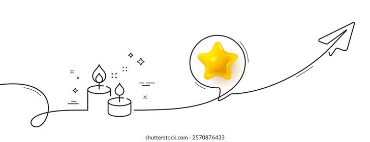 Aroma candles line icon. Continuous line with share plane. Spa candlelight sign. Aromatic wick for relaxation symbol. 3d star in speech bubble. Aroma candle single line ribbon. Vector