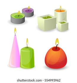 Aroma candles with little flame. Vector set of cartoon illustrations with aromatherapy burning colorful candles with aromatic plant and essential oils isolated.