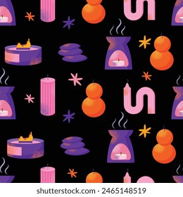 Aroma candles seamless pattern. Cartoon scented wax light, candle with wax and fragrance, spa therapy decoration different shapes. Vector illustration isolated on background