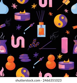Aroma candles seamless pattern. Cartoon scented wax light, Bottles with natural aroma oils, herbs, diffuser and fragrance, spa therapy. Vector illustration isolated on background
