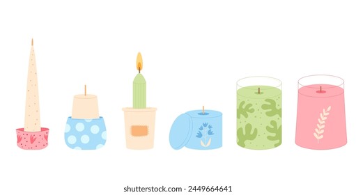 Aroma candles set. Handmade aromatic candlelight isolated in white background. Hygge time. Spa and relaxation home decor. Vector handdrawn illustration.