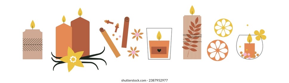 Se montaron velas de Aroma. Una vela perfumada. Vainilla, canela, trozo de naranja. Colección de velas modernas hechas de soja y cera. Natural. velas de cera decorativa, ilustración vectorial. Un estilo abstracto y de moda.