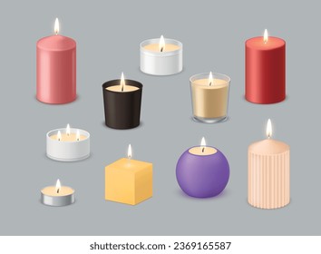 Aroma candles set scented wax product with burning flame set realistic vector illustration. Perfume spa aromatherapy fragrance smell in different metallic and glass containers for home cosiness