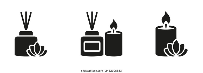 Aroma Candles For SPA, Home Decoration Silhouette Icon Set. Perfume Stick, Reed Diffuser Pictogram. Scented Candle Symbol Collection. Fragrance Therapy For Relax Sign. Isolated Vector Illustration.