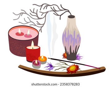 Aroma candles and stick on wooden plate surrounded with dry flowers and branch on vase. Hygge concept. Vector isolated illustration