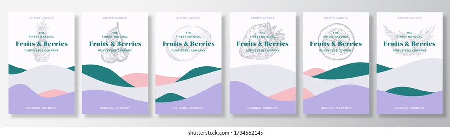 Paquete de plantilla de etiquetas vectoriales con velas de Aroma. Diseño del anuncio de recolección de aromas de frutas y bayas. Esbozar diseños de fondo con decoración de ondas abstractas. Conjunto de espacio de texto del paquete de productos de olor natural.