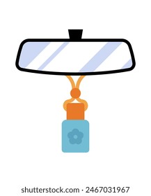 Difusor de coche de aroma. Pequeña botella en la cuerda, aceite esencial, espejo retrovisor. Aromaterapia, cuidado de la salud, frescura dentro del coche. Ilustración vectorial minimalista, aislada en blanco