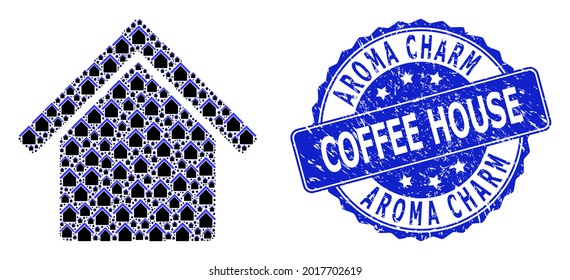 Aroma Charm Coffee House Corroded Round Stamp Seal And Vector Recursive Composition House. Blue Stamp Seal Includes Aroma Charm Coffee House Title Inside Round Shape.