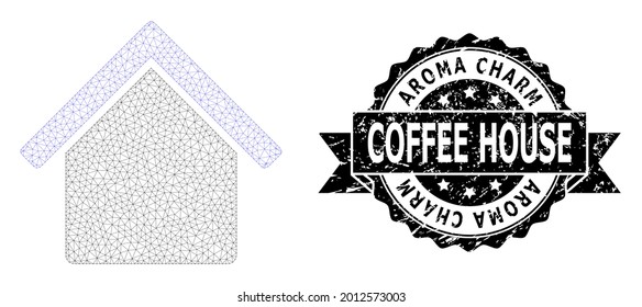 Aroma Charm Coffee House grunge seal imitation and vector house mesh structure. Black seal includes Aroma Charm Coffee House tag inside ribbon and rosette. Abstract flat mesh house,