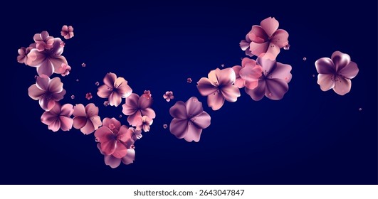 Aroma Cherry blossoms flow. Delicate transparent flowers bg. Tender spring background for gift wrapping or cards for womens day, Valentines Day, birthday or wedding. Vector illustration. EPS 10.