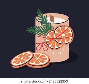 Aroma Christmas candle. Xmas decor scented wax candle with Christmas decorations, dry orange and fir branch flat vector illustration. Winter holidays aromatic candle