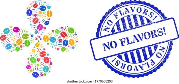 Aroma coffee bean colored rotation flower with 4 petals, and blue round NO FLAVORS exclamation. corroded stamp imitation. Element centrifugal explosion organized from random aroma coffee bean items.