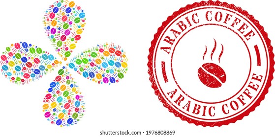 Aroma coffee bean colored rotation flower cluster, and red round ARABIC COFFEE corroded stamp print. Aroma coffee bean symbol inside round stamp print.