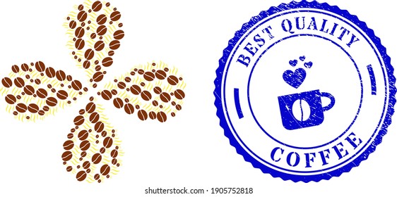 Aroma coffee bean curl bang, and blue round BEST QUALITY COFFEE corroded watermark with icon inside. Element flower with 4 petals composed from oriented aroma coffee bean symbols.