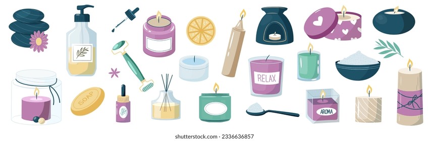 Aroma collection. Cartoon natural scented wax, candlelight and aromatherapy, zen and spa decorative fragrance candle elements. Vector isolated set of aromatherapy candle, cartoon natural illustration