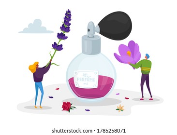 Aroma Composition. Perfumery Creation. Perfumer Characters Create New Perfume Fragrance. Tiny People Bring Violet Flowers to Huge Sprayer Bottle with Toilet Water. Cartoon People Vector Illustration