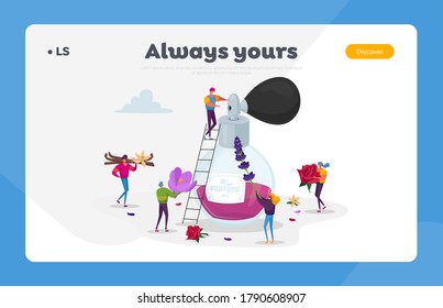 Aroma Composition, Perfumery Landing Page Template. Perfumer Characters Create Perfume Fragrance. Tiny People Bring Ingredients to Huge Sprayer Bottle with Toilet Water. Cartoon Vector Illustration