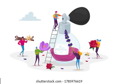 Aroma Composition, Perfumery. Male and Female Perfumer Characters Create New Perfume Fragrance. Tiny People Bring Ingredients to Huge Sprayer Bottle with Toilet Water. Cartoon Vector Illustration