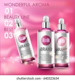 Aroma cosmetic production. Realistic pink bottles and light effects