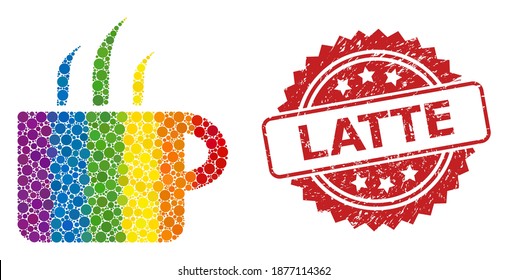 Aroma cup mosaic icon of round spots in variable sizes and LGBT color tinges, and Latte textured rosette seal print. A dotted LGBT-colored Aroma cup for lesbians, gays, transgenders,