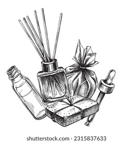 Aroma diffuser, bath bomb, handmade soap, serum with dropper. Graphic illustration, hand drawn in black and white. EPS vector. Isolated object on a white background.