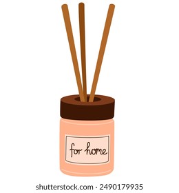 Aroma diffuser bottle with bamboo sticks. Aromatherapy, fresh scents, home perfume, oil fragrance, natural odors, aromatic fragrant liquids set. Flat vector illustration isolated on white background