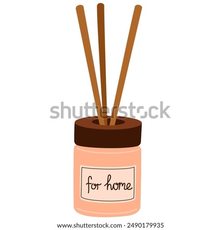 Aroma diffuser bottle with bamboo sticks. Aromatherapy, fresh scents, home perfume, oil fragrance, natural odors, aromatic fragrant liquids set. Flat vector illustration isolated on white background