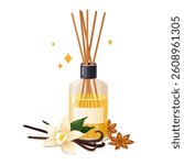 Aroma diffuser bottle with sticks with scented oil for relaxation and meditation isolated on white background. Vanilla and anise star scent.