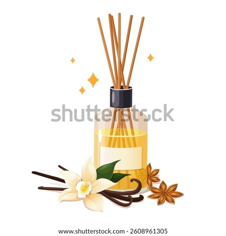 Aroma diffuser bottle with sticks with scented oil for relaxation and meditation isolated on white background. Vanilla and anise star scent.