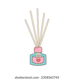 Aroma diffuser bottle with wooden aroma sticks. Aromatherapy accessory. Color doodle icon. Relax, me time concept.