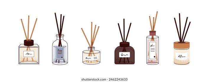 Aroma diffuser bottles with bamboo sticks. Aromatherapy, fresh scents, home perfume, oil fragrance, natural odors, aromatic fragrant liquids set. Flat vector illustration isolated on white background